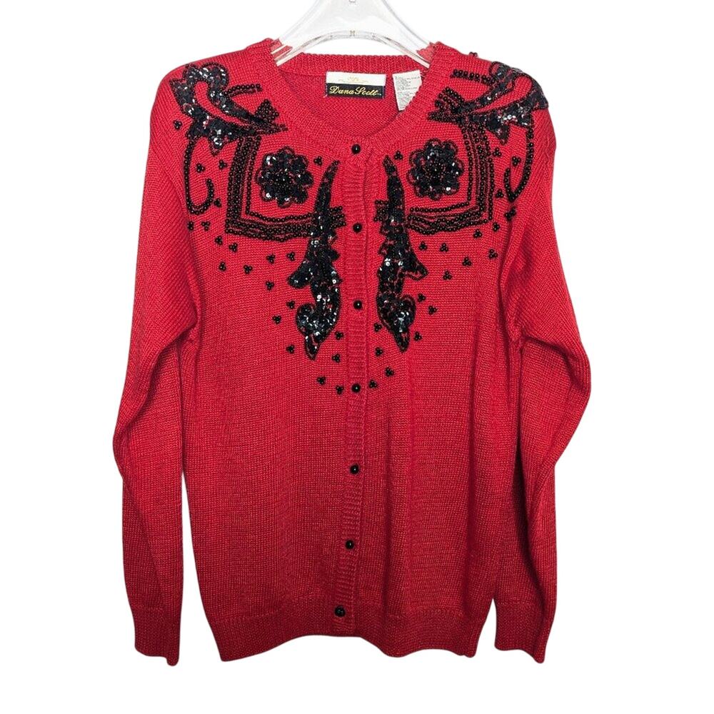 Vintage Dana Scott Red Long Sleeve Black Beaded Button Up Cardigan Crew Neck S